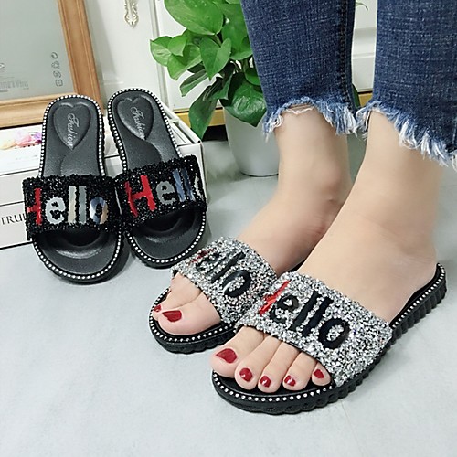 

Women's Slippers & Flip-Flops Summer Flat Heel Open Toe Daily PU Black / Silver