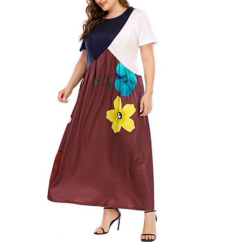 

Women's Shift Dress Maxi long Dress - Short Sleeves Floral Color Block Summer Casual 2020 Brown M L XL XXL XXXL