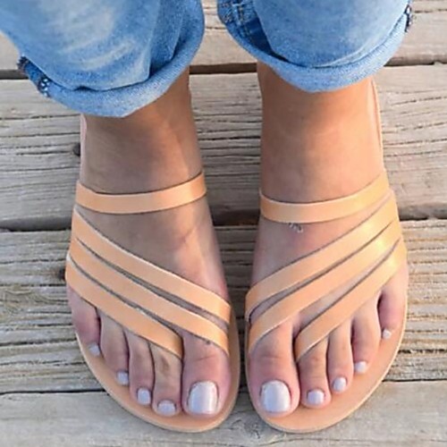 

Women's Slippers & Flip-Flops Summer Flat Heel Open Toe Daily PU Black / Silver / Brown