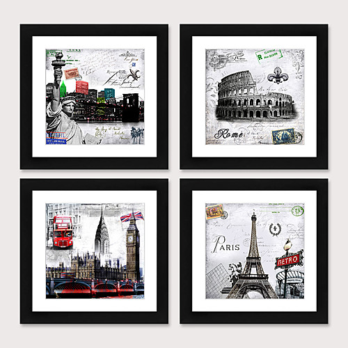 

4 Panel Wall Art Canvas Prints Painting Artwork Picture Black White Famous Architecture Home Decoration Décor Stretched Frame Ready to Hang