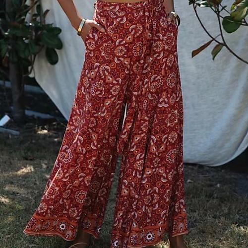 

Women's Active Boho Daily Loose Wide Leg Chinos Pants - Print Floral Drawstring Red S / M / L