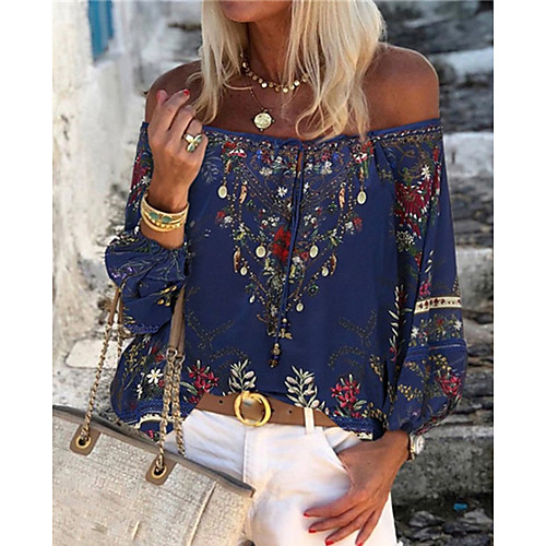 

Women's Floral T-shirt Daily Off Shoulder Blue