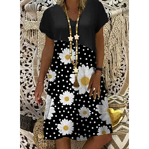 

Women's Shift Dress Knee Length Dress - Short Sleeves Floral Print Summer Casual Daily 2020 Black M L XL XXL XXXL