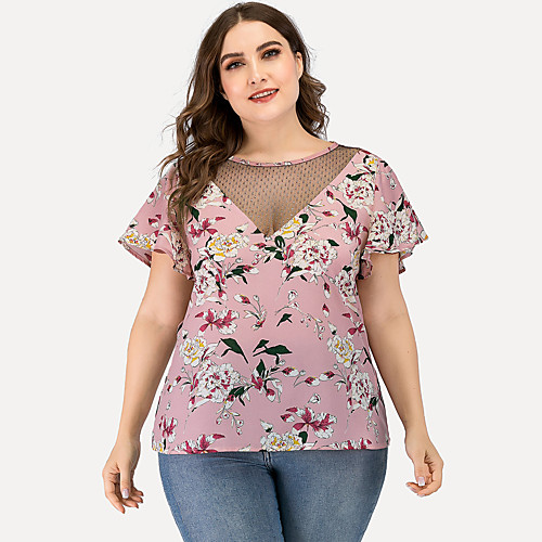 

Women's Plus Size Floral Mesh Blouse Sexy Daily Going out V Neck Blushing Pink