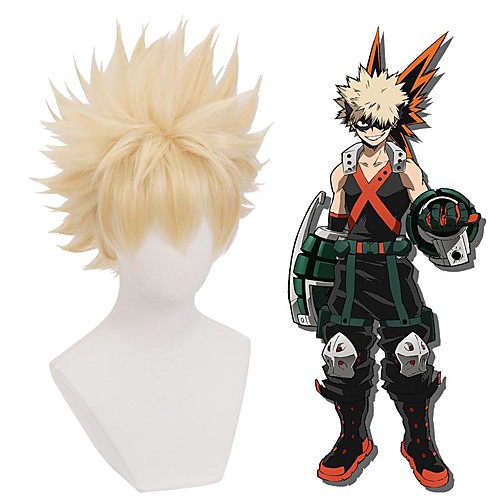 

My Hero Academia Boko No Hero Bakugou Katsuki Cosplay Wigs Men's Layered Haircut 8 inch Heat Resistant Fiber Curly Blonde Teen Adults' Anime Wig