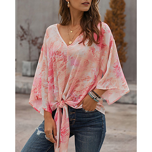 

Women's Tie Dye Print Asymmetric Knotted T-shirt Daily V Neck Red / Light Blue