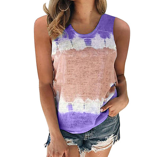 

Women's Tank Top Color Block Tie Dye Round Neck Tops Black Blue Purple