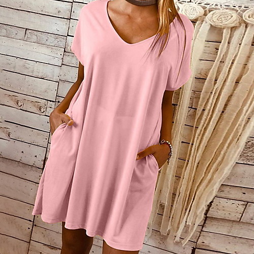 

Women's A Line Dress - Short Sleeves Solid Color Summer Street chic 2020 Blue Purple Yellow Blushing Pink Green S M L XL XXL XXXL