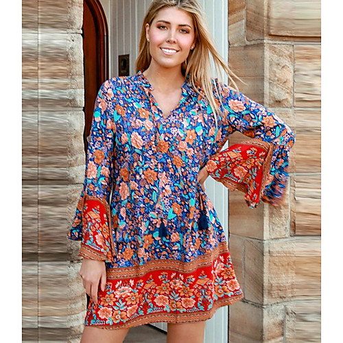 

Women's Shift Dress Short Mini Dress - Long Sleeve Floral Summer Boho 2020 Blue S M L XL