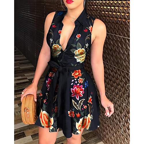 

Women's A Line Dress - Sleeveless Floral Summer V Neck Elegant 2020 White Black S M L XL