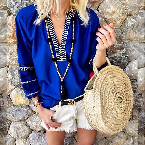 

Women's Color Block Patchwork Loose T-shirt Daily V Neck Orange / Royal Blue