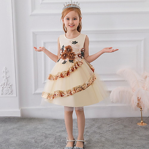 

Ball Gown Knee Length Flower Girl Dresses Party Lace Sleeveless Jewel Neck with Tier