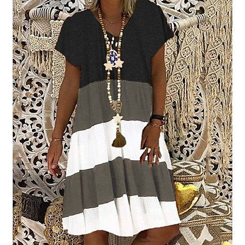 

Women's A-Line Dress Knee Length Dress - Short Sleeves Color Block Summer Casual 2020 Black Khaki Light Blue S M L XL XXL XXXL XXXXL XXXXXL