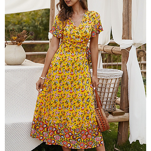 

Women's A Line Dress - Short Sleeves Floral Summer V Neck Casual 2020 Yellow Green Navy Blue S M L XL