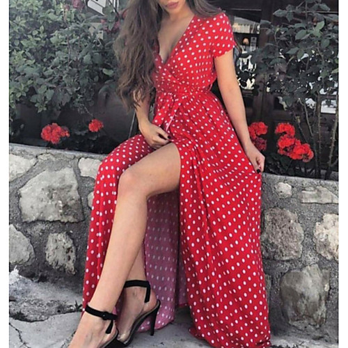 

Women's Sheath Dress - Short Sleeves Polka Dot Summer V Neck Elegant 2020 White Black Blue Red S M L XL