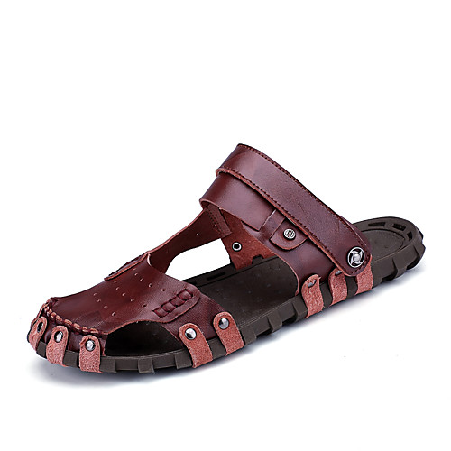 

Men's Summer Casual Daily Sandals Walking Shoes Cowhide Breathable Black / Burgundy / Brown