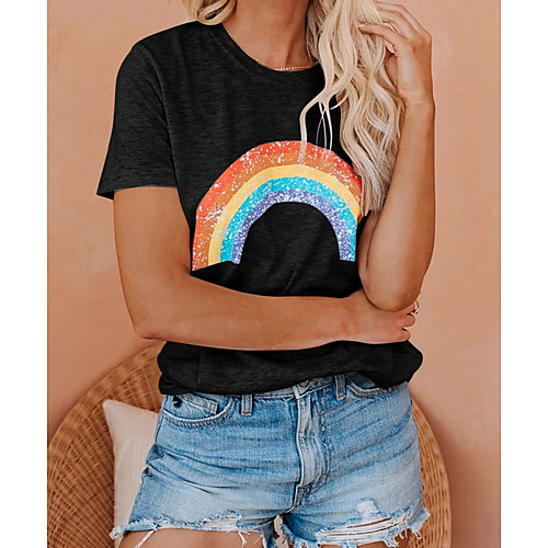 

Women's T shirt Rainbow Geometric Printing Round Neck Tops Cotton White Black Gray