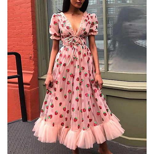 

Women's A Line Dress Maxi long Dress Blushing Pink Short Sleeve Strawberry Polka Dot Summer V Neck Hot Formal vacation dresses 2021 S M L XL