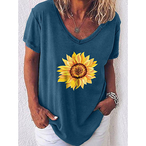 

Women's Geometric Daisy T-shirt Daily V Neck Blue / Green / Gray / Light Blue
