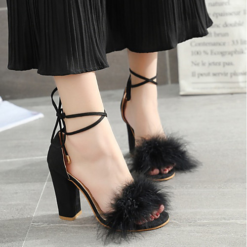 

Women's Sandals Furry Feather Summer Block Heel Peep Toe Daily Suede Black / Pink / Beige