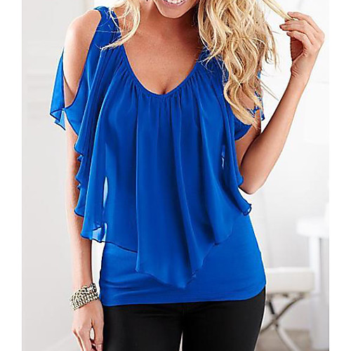 

Women's Blouse Shirt Solid Colored Layered Cut Out Asymmetric V Neck Tops Black Blue Purple