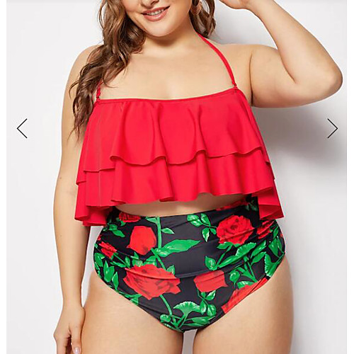 

Women's Basic Blushing Pink Green Halter One-piece Swimwear Swimsuit - Floral Print L XL 2XL Blushing Pink