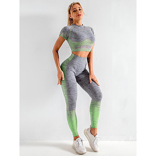 

Women's 2pcs Yoga Suit Summer Seamless Fashion Pink Grey Green Fitness Gym Workout Running High Waist Leggings Crop Top Clothing Suit Short Sleeve Sport Activewear Tummy Control Butt Lift Quick Dry