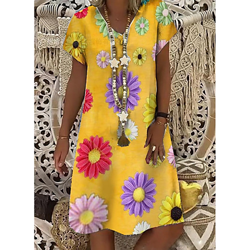 

Women's A-Line Dress Midi Dress - Short Sleeves Floral Summer Elegant 2020 Yellow S M L XL XXL XXXL