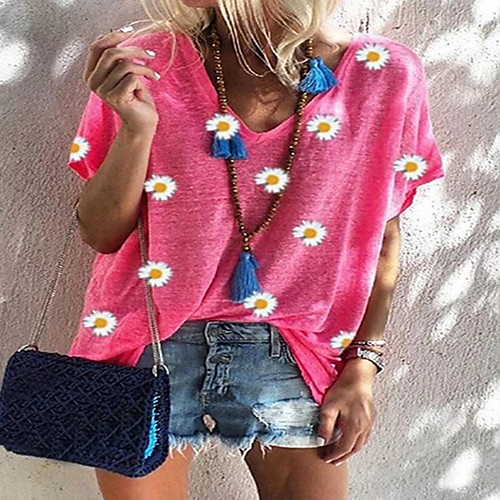 

Women's T shirt Floral Flower V Neck Sexy Tops Red Gray