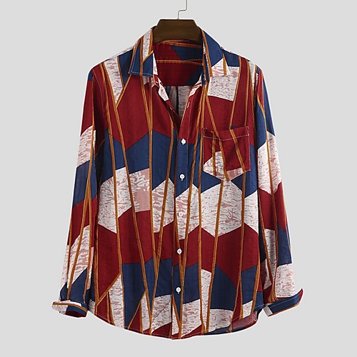 

Men's Color Block Shirt - Cotton Tropical Hawaiian Holiday Beach Button Down Collar Red / Yellow / Green / Long Sleeve