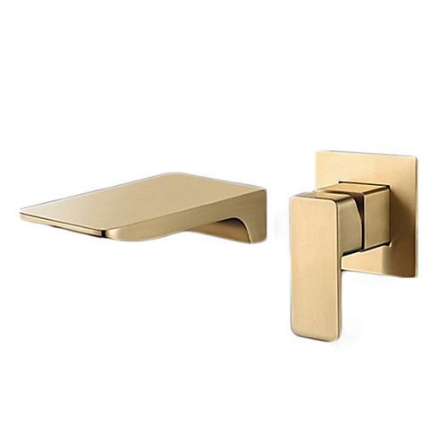 

Bathroom Sink Faucet - Wall Mounted Brushed Gold Finish Basin Mixer Tap Waterfall Single Handle Washroom Faucet Luxury