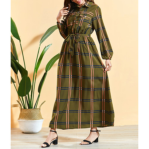 

Women's Maxi A Line Dress - Long Sleeve Print Pocket Summer Fall Square Neck Elegant Boho Daily Going out Lantern Sleeve 2020 Army Green M L XL XXL / Cotton