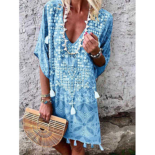 

Women's A Line Dress - Half Sleeve Tie Dye Mesh Tassel Fringe Spring Summer V Neck Boho Street chic Daily Going out Butterfly Sleeve Loose 2020 Red Yellow Blushing Pink Khaki Light Blue S M L XL XXL