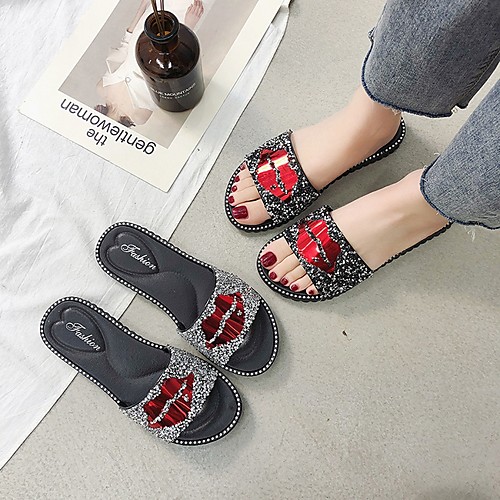 

Women's Slippers & Flip-Flops Summer Flat Heel Open Toe Daily PU Black / Gold / Silver