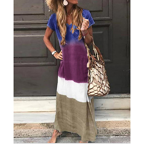 

Women's Shift Dress Maxi long Dress - Short Sleeves Color Block Summer Casual Chinoiserie 2020 Wine Blue Purple Green S M L XL XXL