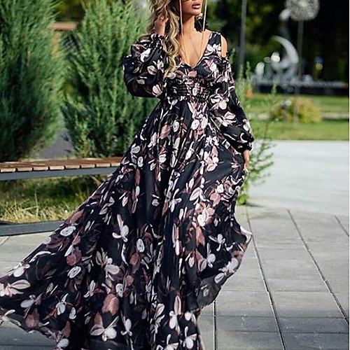 

Women's A Line Dress - Long Sleeve Floral Summer Work Mumu 2020 Black S M L XL
