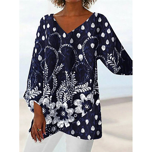 

Women's Floral T-shirt Daily V Neck Red / Navy Blue
