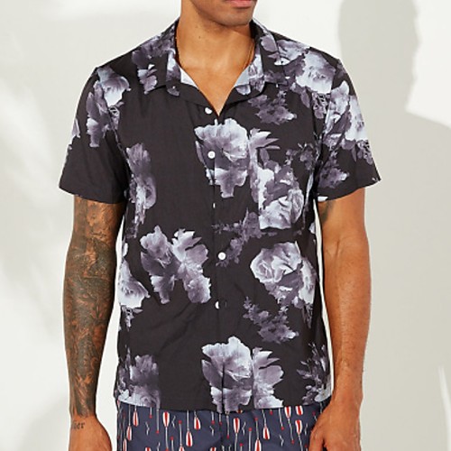 

Men's Floral Shirt - Cotton Tropical Hawaiian Holiday Beach Button Down Collar White / Black / Short Sleeve