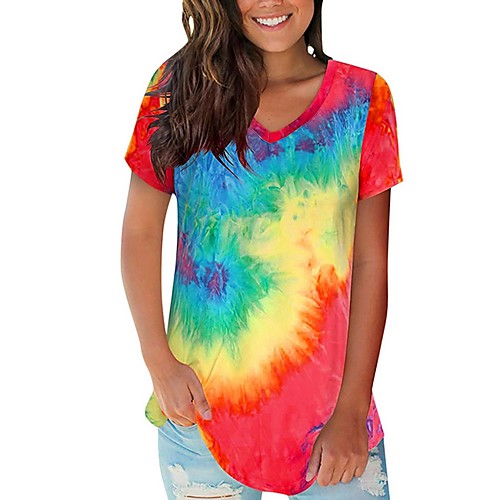 

Women's Color Block Tie Dye T-shirt Daily V Neck White / Blue / Red / Navy Blue / Rainbow