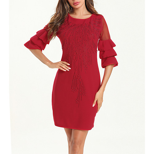 

Women's Sheath Dress Short Mini Dress Red Half Sleeve Solid Color Sequins Ruffle Mesh Fall Summer Round Neck Elegant Vintage Going out Flare Cuff Sleeve 2021 L XL XXL