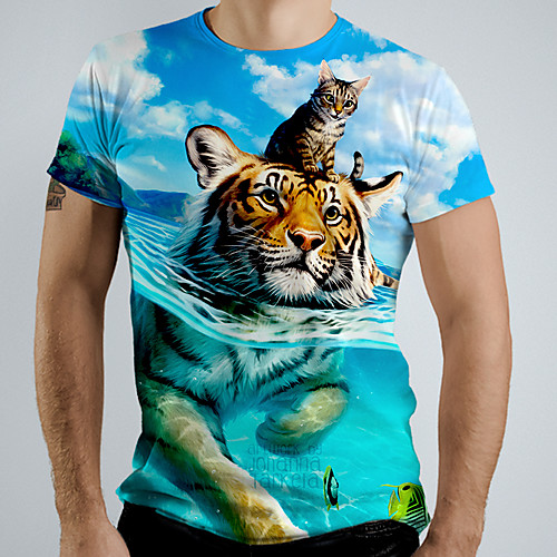 

Men's Tee T shirt Shirt 3D Print Graphic Tiger Animal Short Sleeve Causal Tops Basic Elegant White Blue Navy Blue