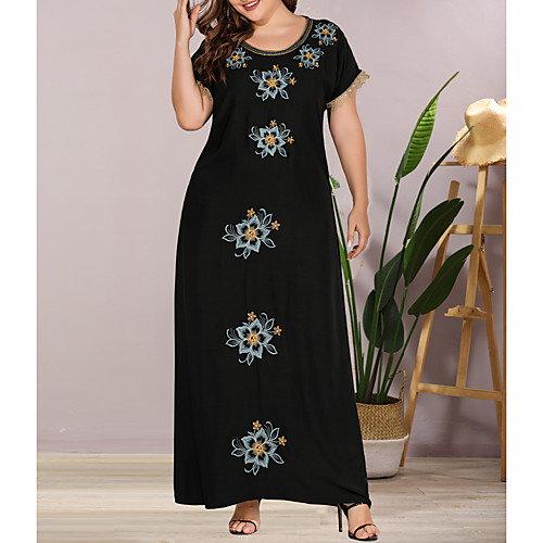 

Women's Plus Size Maxi Shift Dress - Short Sleeves Solid Color Lace Embroidered Summer Casual Elegant Daily Going out Loose 2020 Black L XL XXL XXXL
