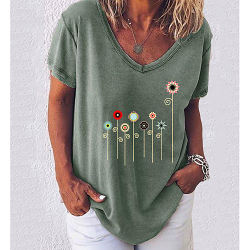 

Women's T shirt Floral Flower Printing V Neck Tops Loose Cotton White Black Blue