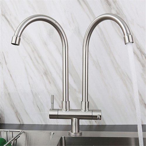

Stainless Steel Faucet Single Cooling Double Pipe Double Handle Kitchen Sink Double Outlet Faucet