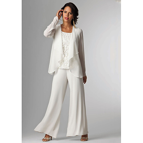 

Pantsuit / Jumpsuit Mother of the Bride Dress Plus Size Elegant Bateau Neck Floor Length Chiffon Sleeveless with Lace 2021