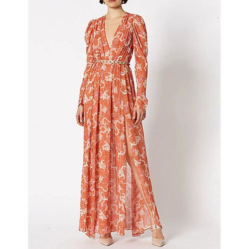 

Sheath / Column Boho Vintage Holiday Prom Dress V Neck Long Sleeve Floor Length Spandex with Sash / Ribbon Split Pattern / Print 2020