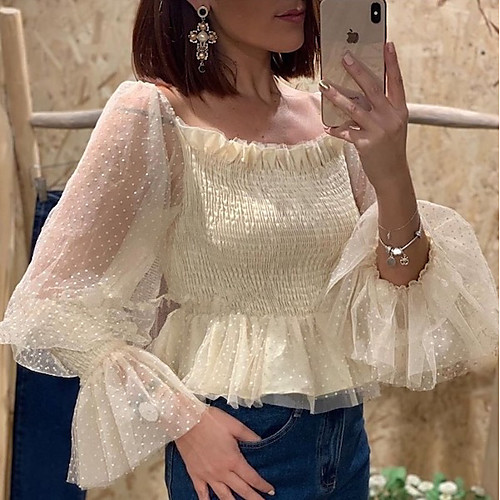 

Women's Polka Dot Solid Colored Blouse Daily Off Shoulder Beige