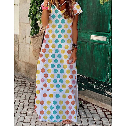 

Women's A-Line Dress Maxi long Dress - Short Sleeves Polka Dot Summer Elegant 2020 White Black Gray S M L XL XXL XXXL