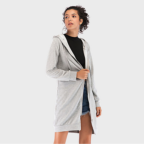 

Women's Daily Long Coat, Solid Colored Hooded Long Sleeve Polyester Gray