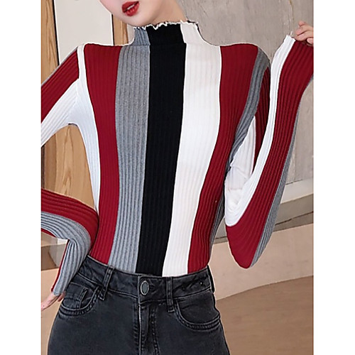 

Women's Striped Long Sleeve Pullover Sweater Jumper, Round Neck Red / Beige One-Size